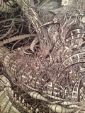 Extremely detailed psychedelic future landscape drawing — trippy, visionary black and white fantasy illustration of an intricate dark future with architectural detail