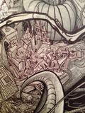 Extremely detailed psychedelic future impossible drawing — trippy, visionary black and white fantasy illustration of an intricate impossible architectural city.