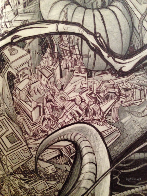 Extremely detailed psychedelic future impossible drawing — trippy, visionary black and white fantasy illustration of an intricate impossible architectural city.