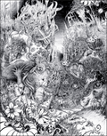 Extremely detailed psychedelic mushroom drawing — trippy, visionary black and white fantasy illustration of an intricate mushroom forest with architectural detail