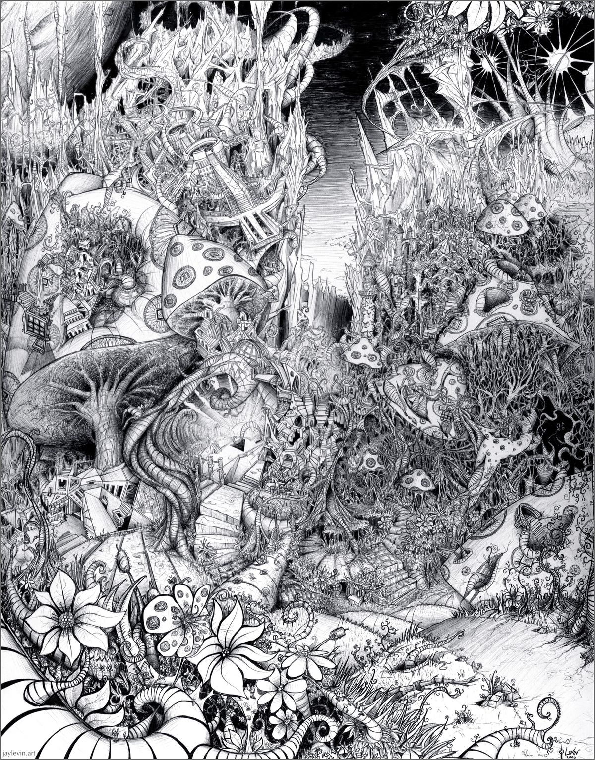 Extremely detailed psychedelic mushroom drawing — trippy, visionary black and white fantasy illustration of an intricate mushroom forest with architectural detail