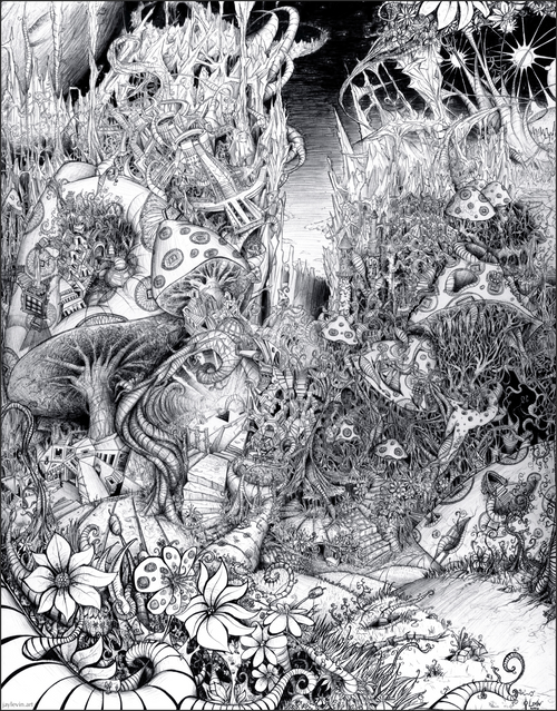 Extremely detailed psychedelic mushroom drawing — trippy, visionary black and white fantasy illustration of an intricate mushroom forest with architectural detail